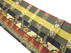 花唐草に流水・縞模様織出し開き名古屋帯（額縁仕立て）